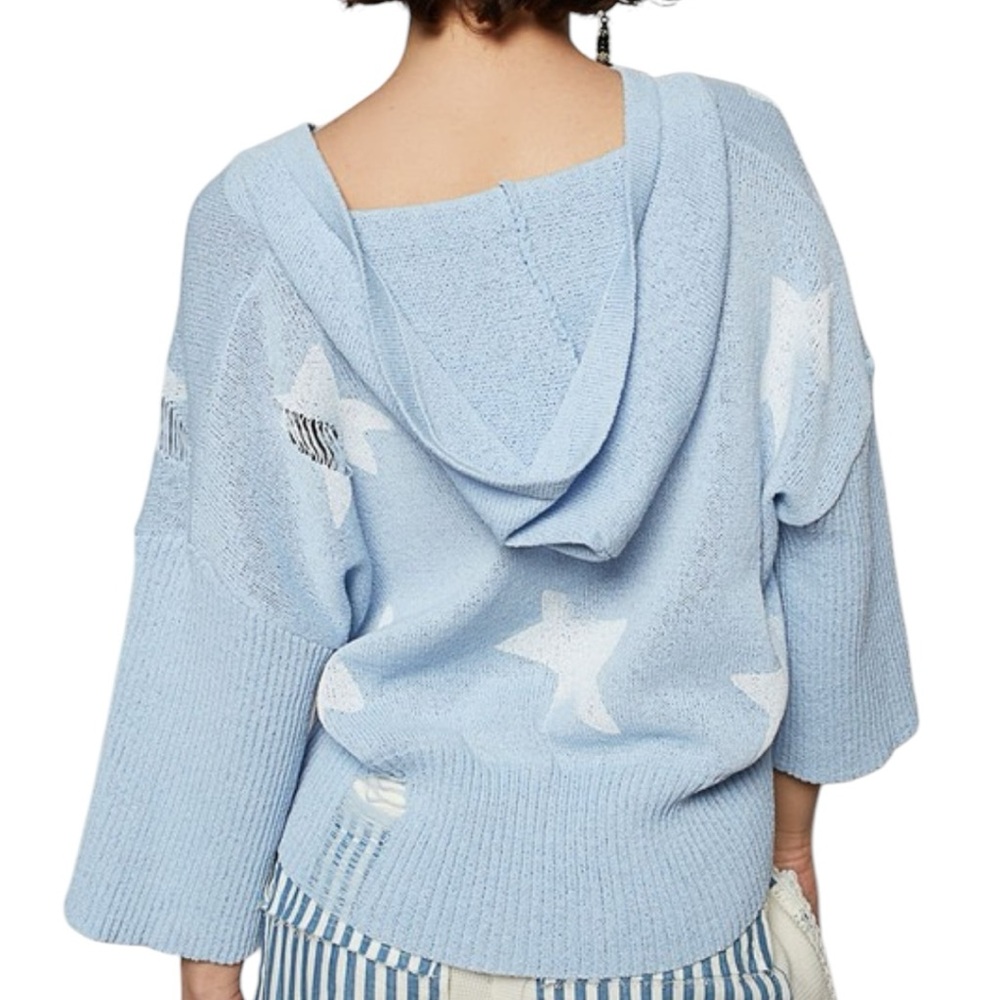Blue and White Crew Neck Sweater with Lace-Up Detail - Picture 3 of 3